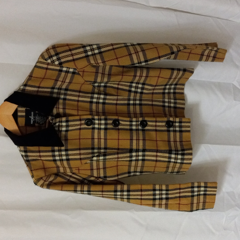 POSITIVE ATTITUDE Jacket 4-Button Front Velvet Pointed Collar Brown Plaid Sz 8